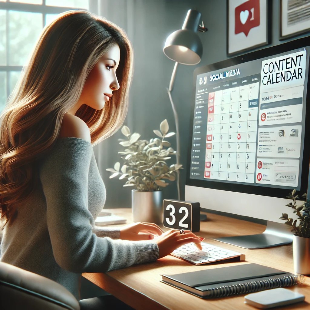 Social media manager planning a content calendar on her computer in a modern office
