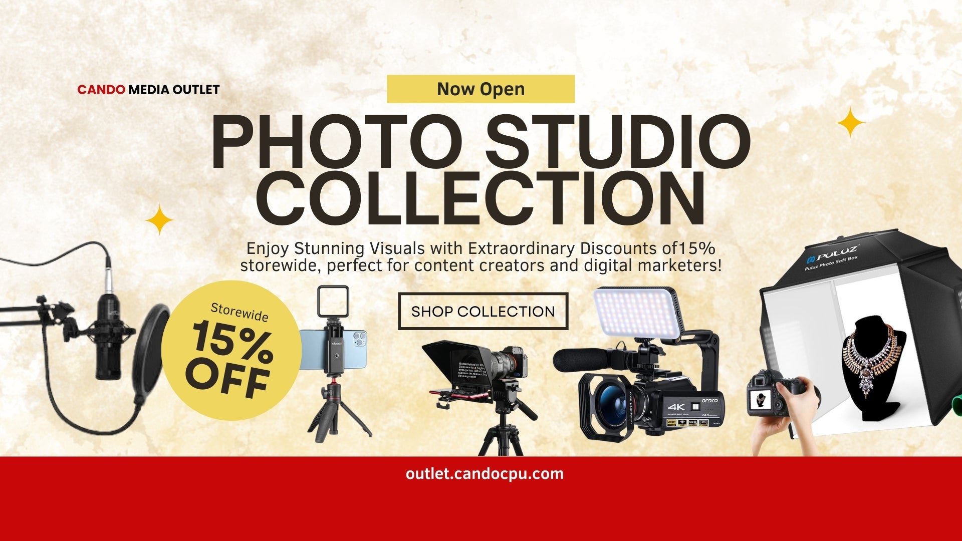 A slide announcing Cando Media Outlets Grand Opening Sale offering 15 percent off their entire Photo Studio Collection
