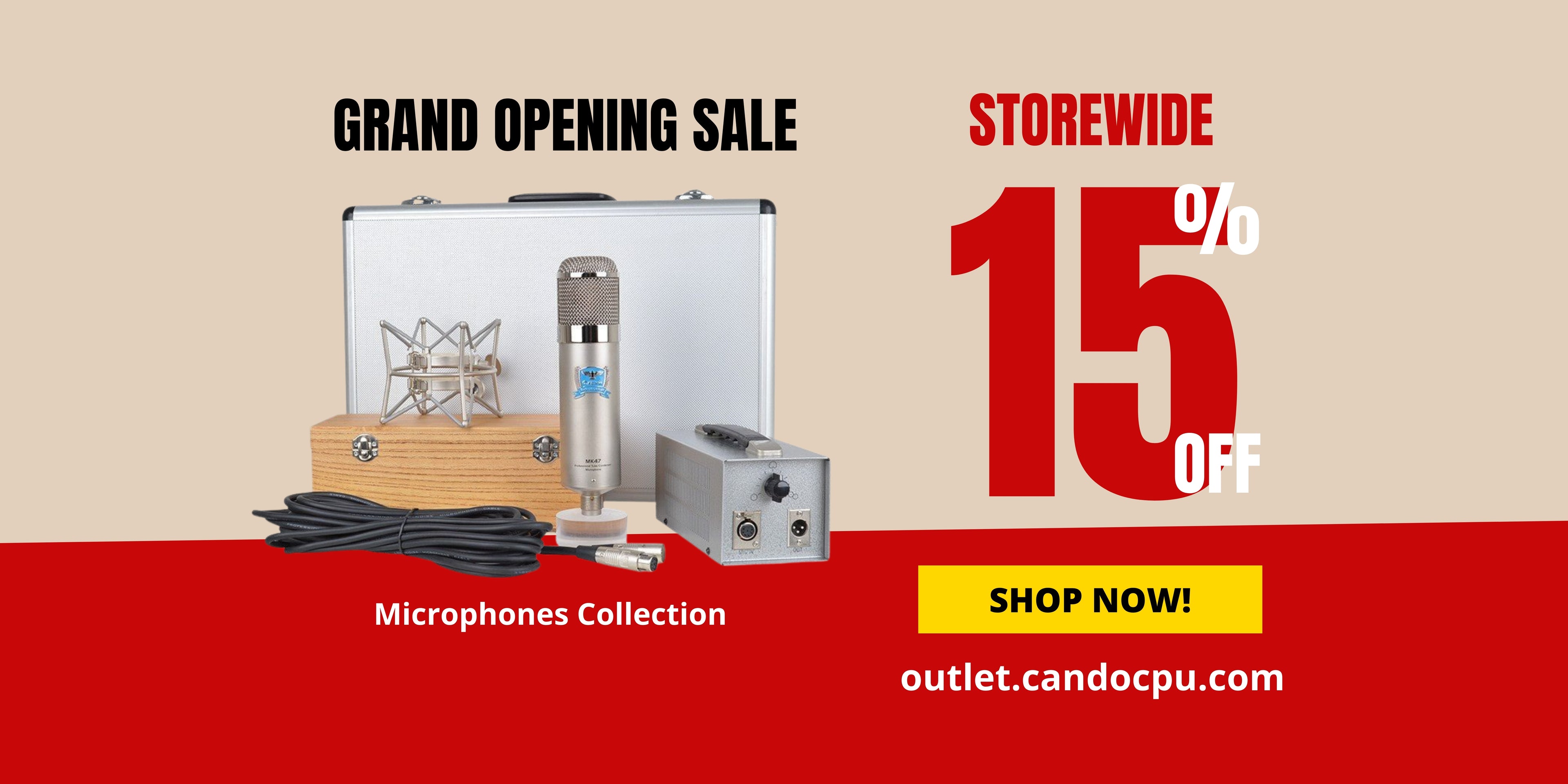 A slide announcing Cando Media Outlets Grand Opening Sale offering 15 percent off their entire Microphones Collection